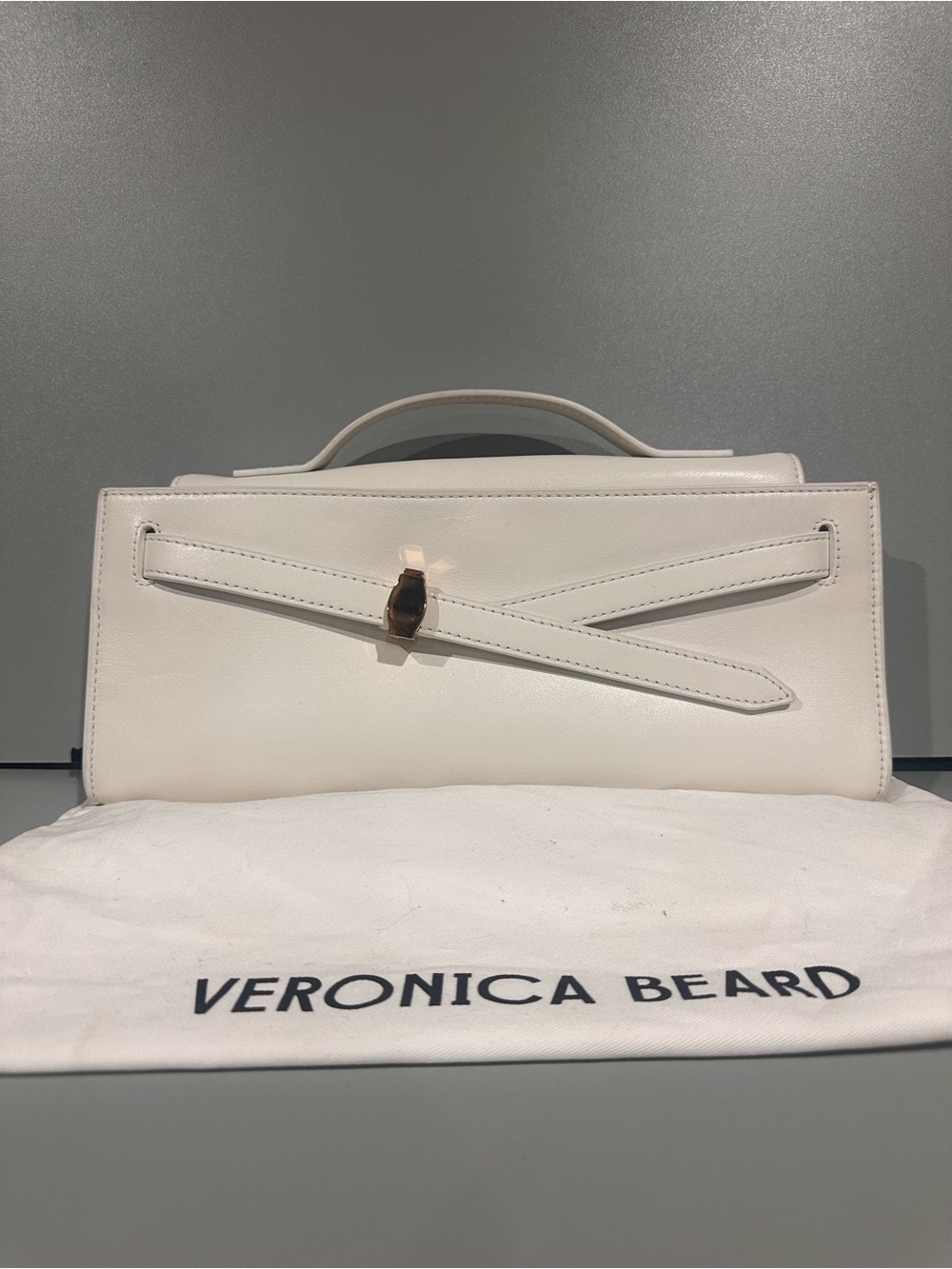 Veronica Beard Cream Leather Top-Handle Clutch with Front Strap